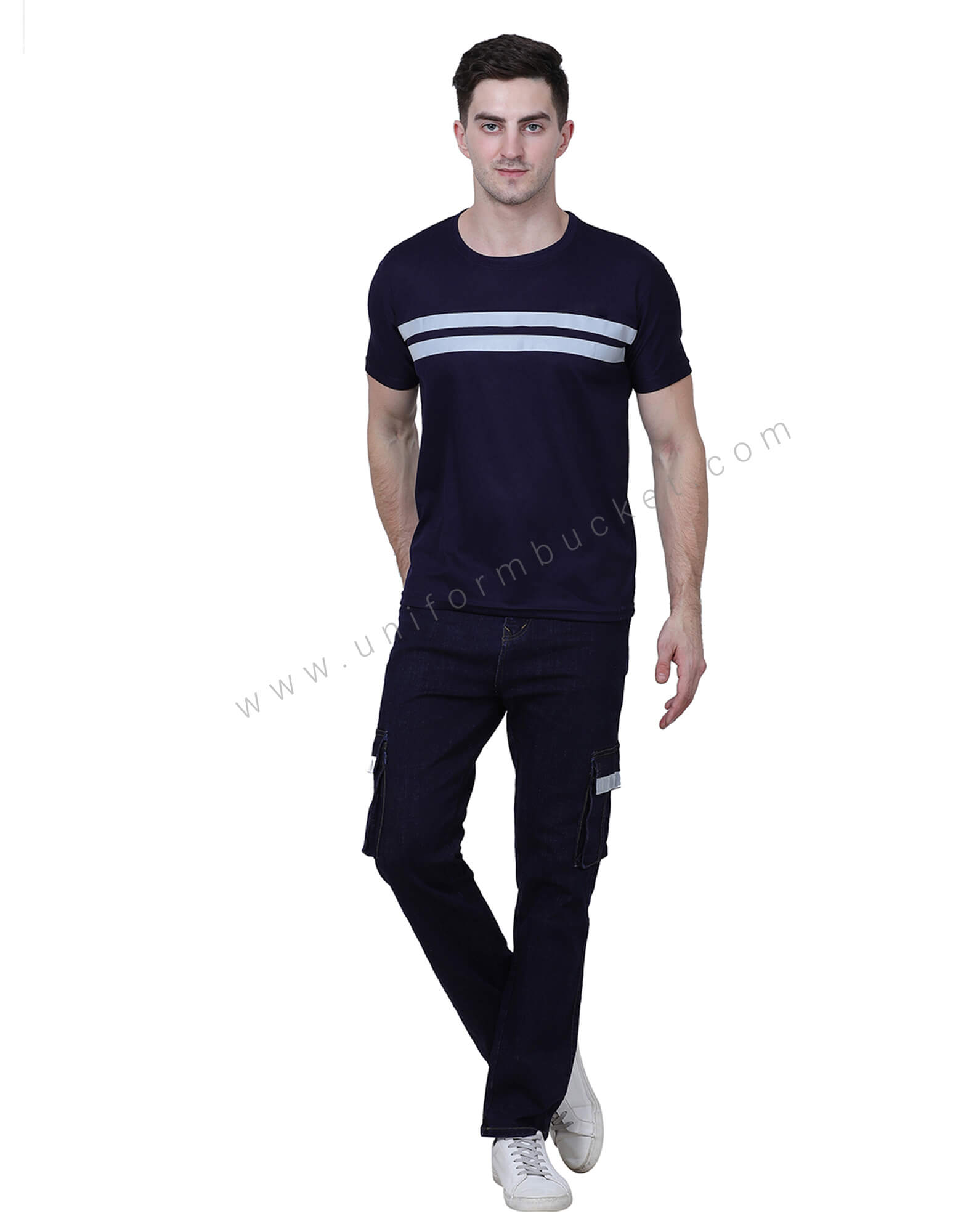 Navy Blue Double Stripe High Visibility T Shirt