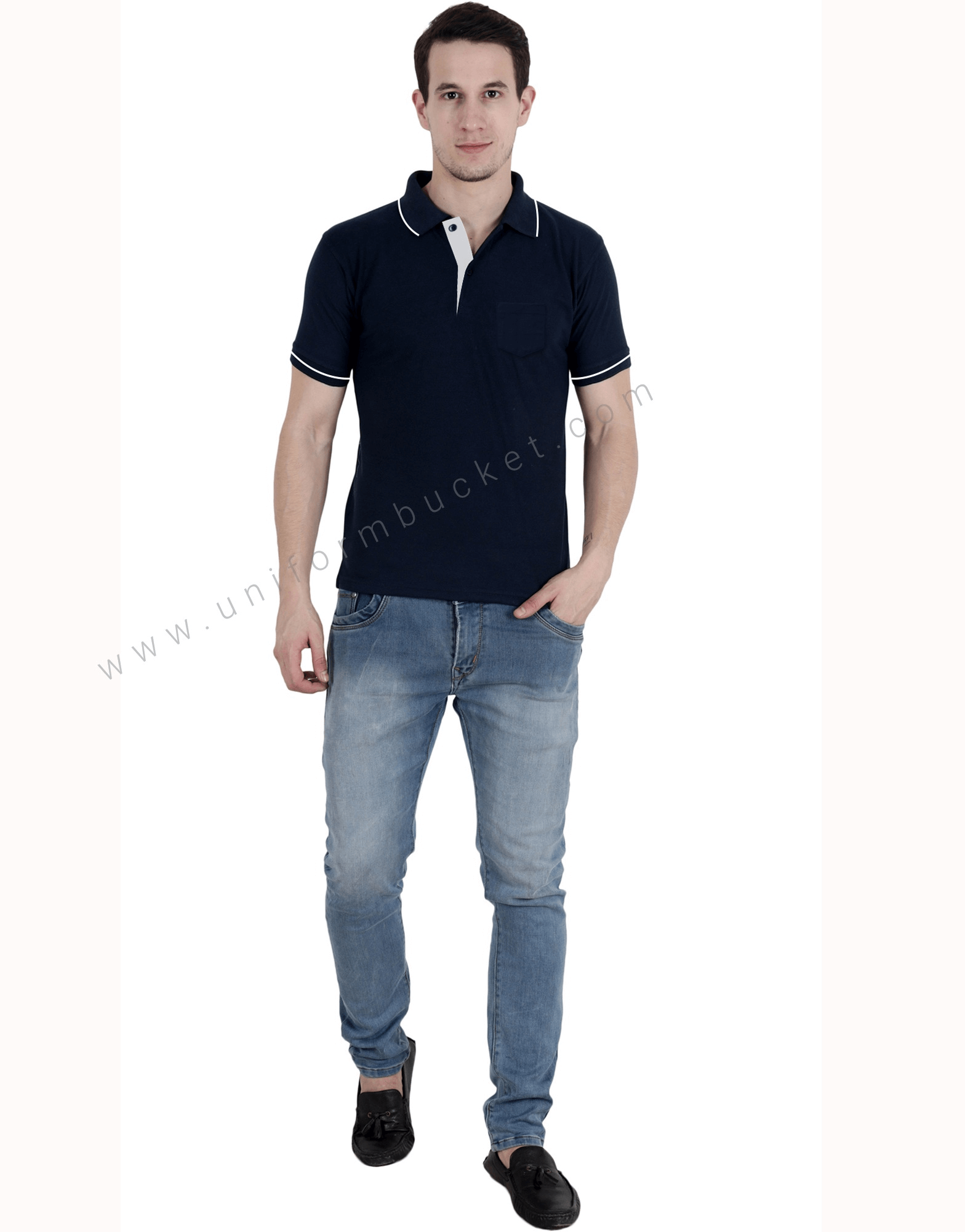 Navy Polo Neck T Shirt With White Trims