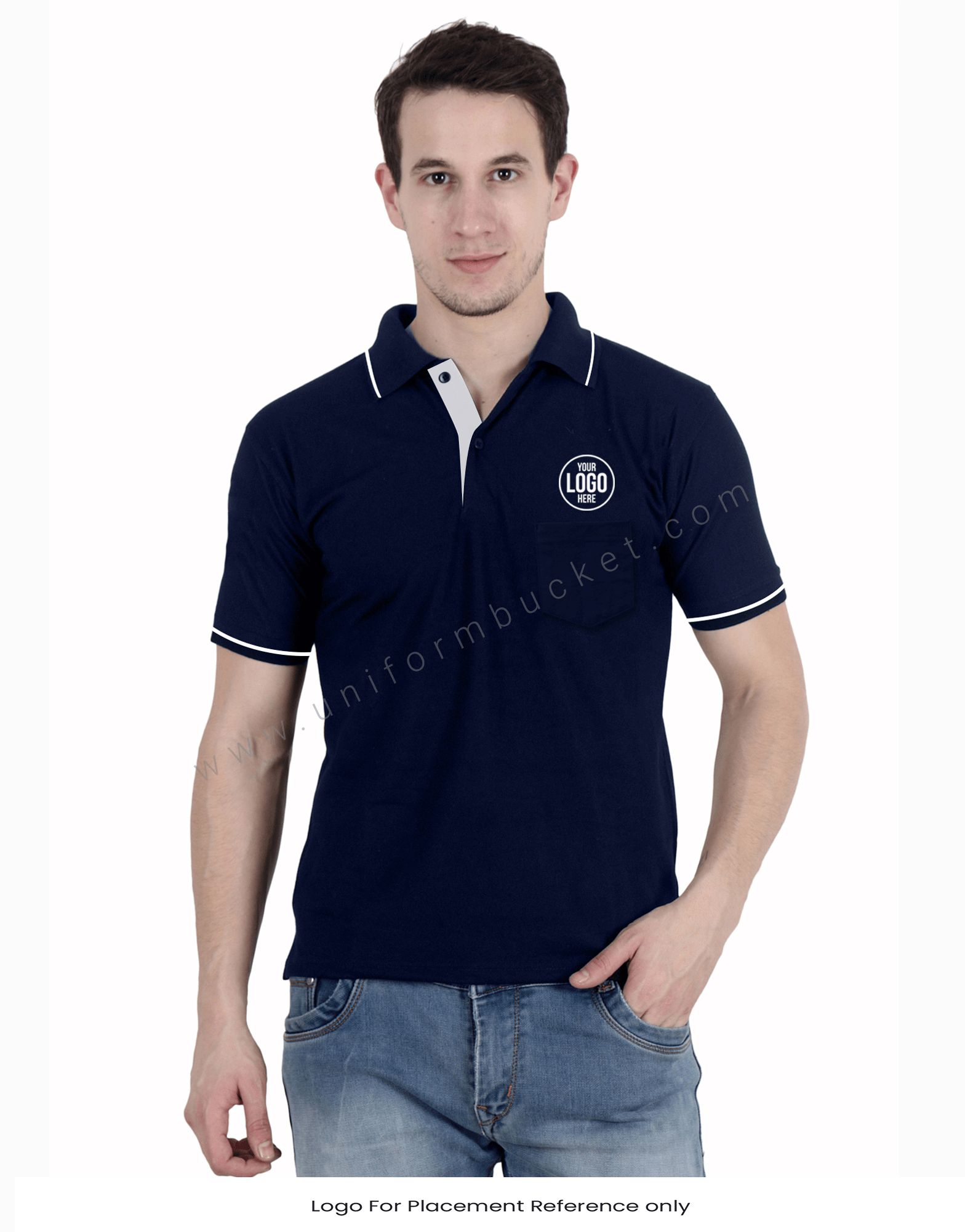 Navy Polo Neck T Shirt With White Trims