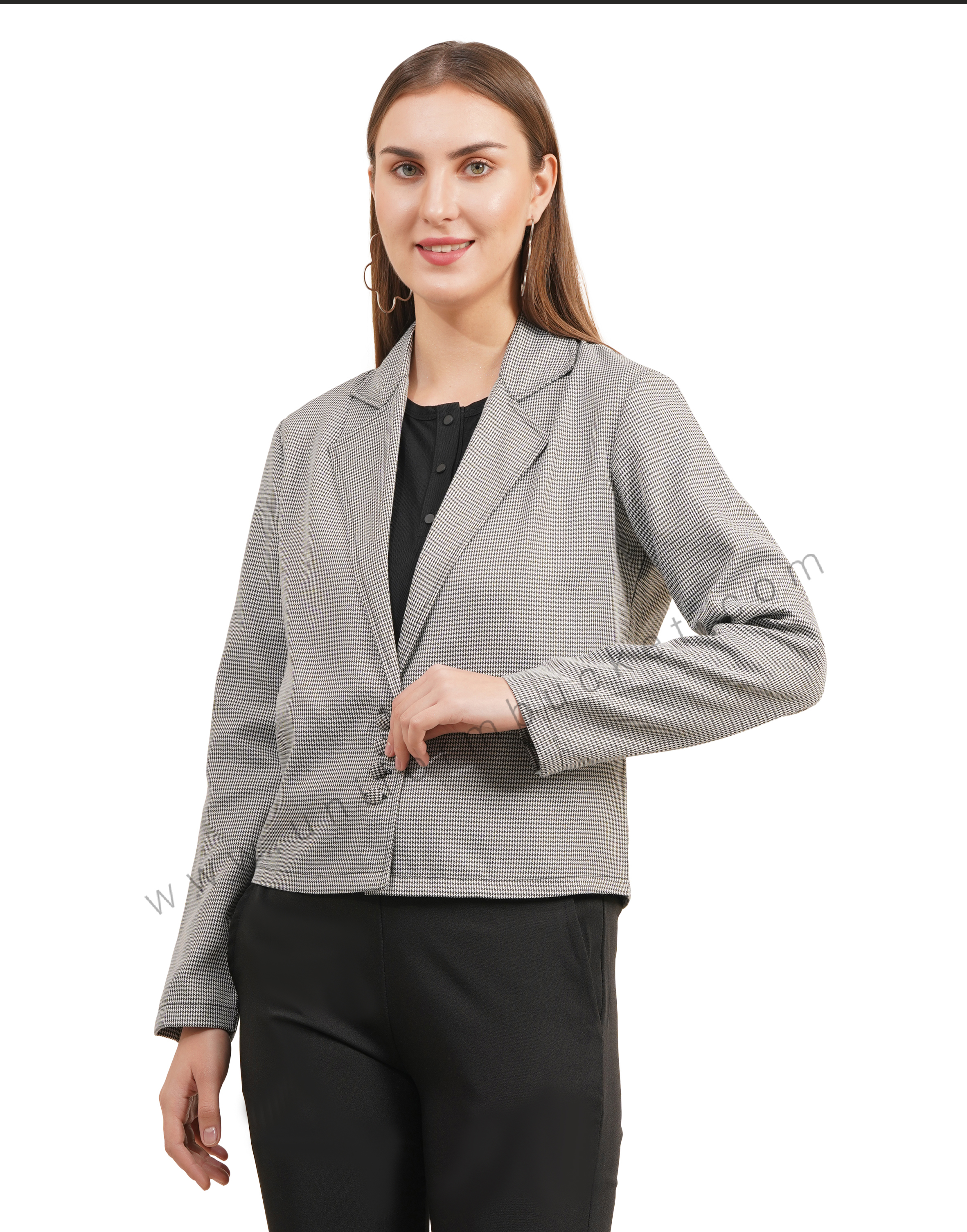 NOTCHED LAPEL STYLISH SHORT  SHEPHERD CHECK BLAZER