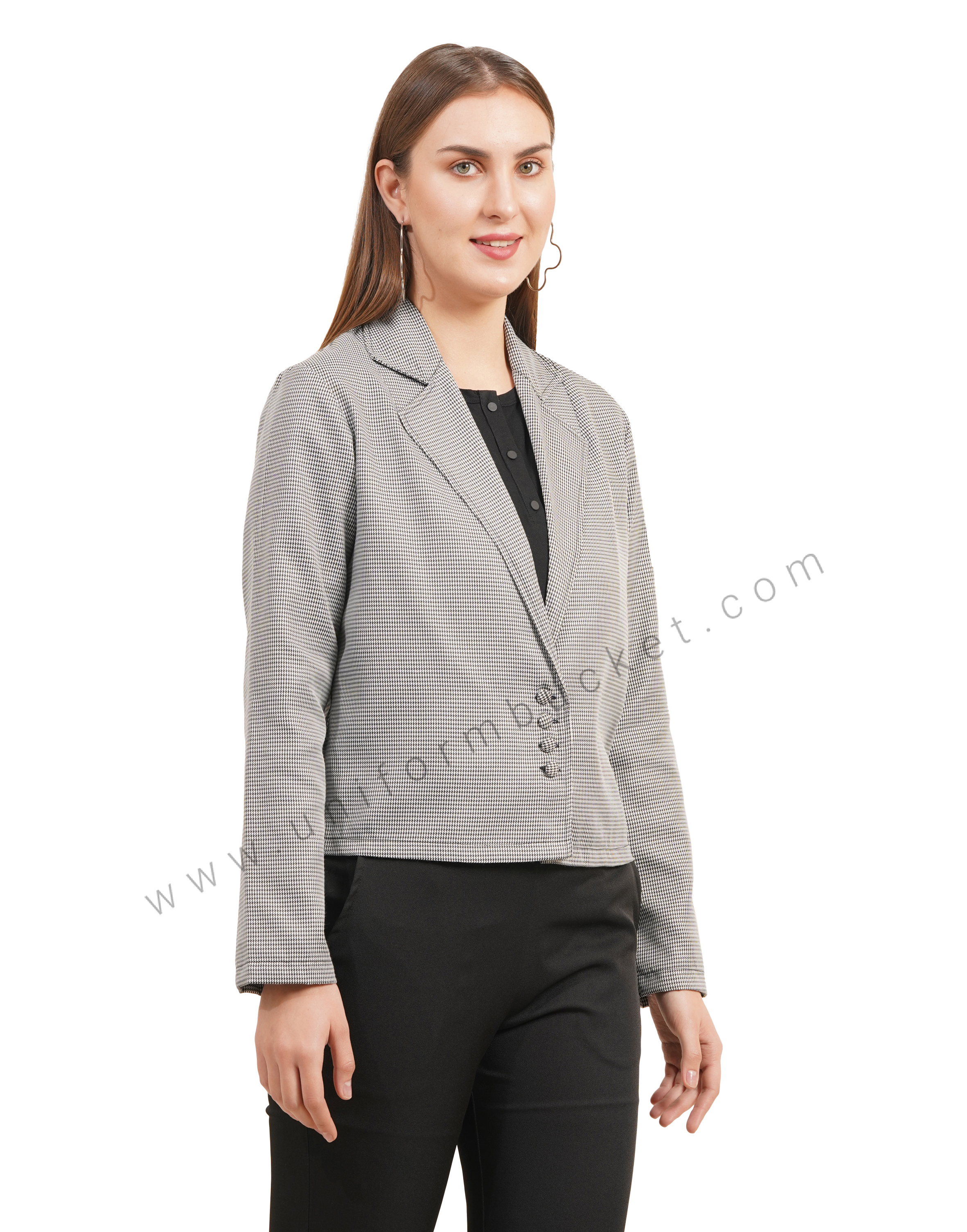 NOTCHED LAPEL STYLISH SHORT  SHEPHERD CHECK BLAZER