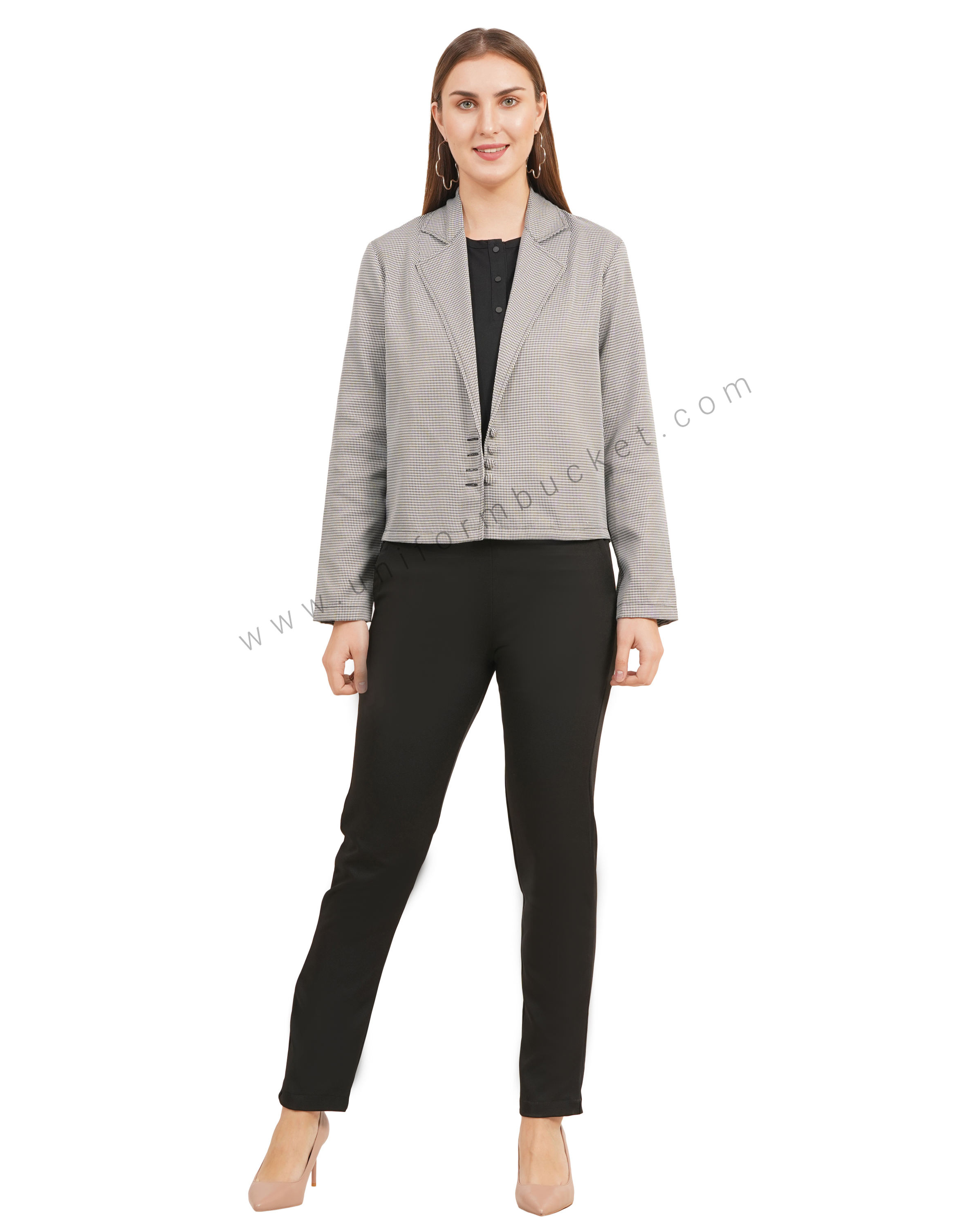 NOTCHED LAPEL STYLISH SHORT  SHEPHERD CHECK BLAZER