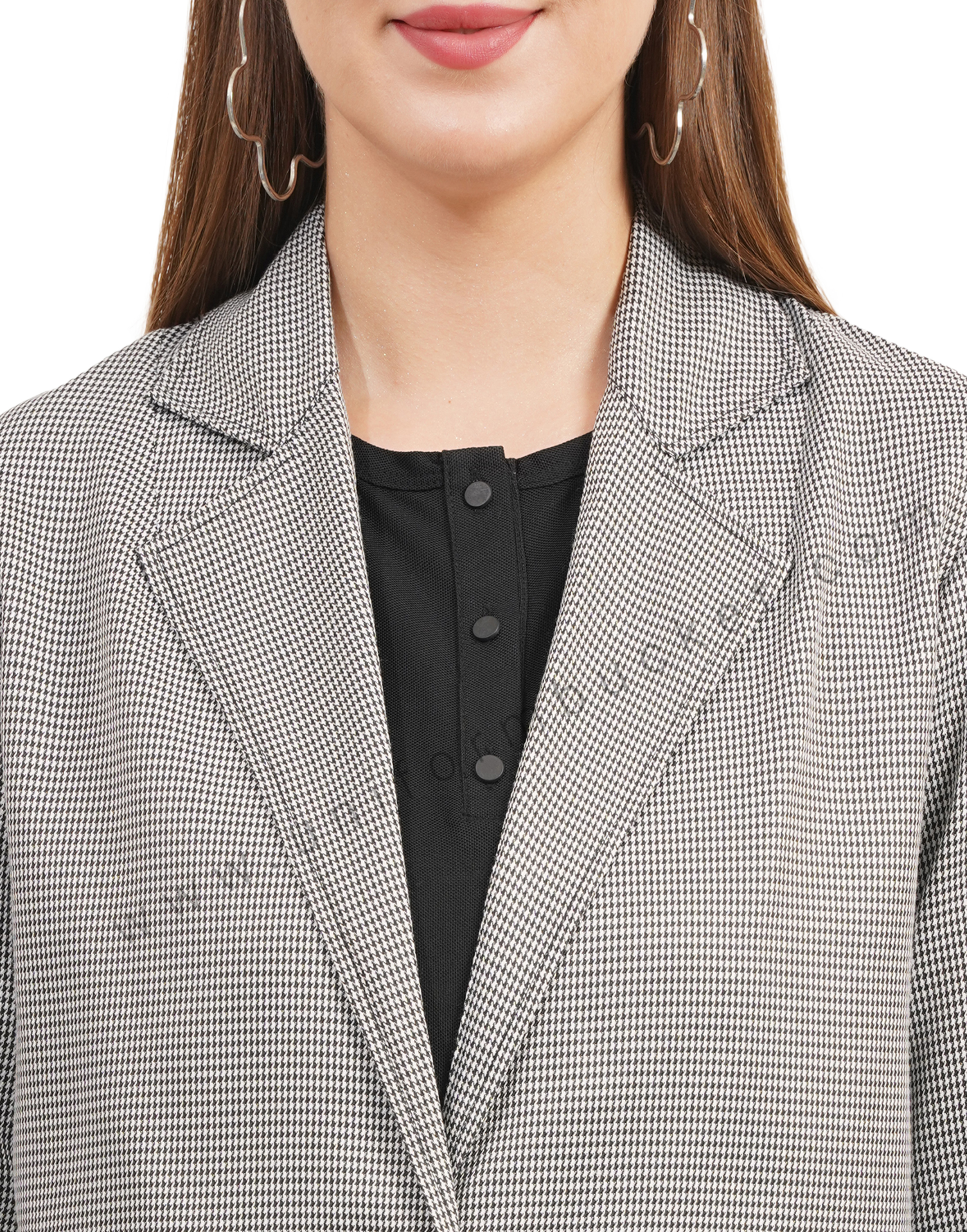 NOTCHED LAPEL STYLISH SHORT  SHEPHERD CHECK BLAZER