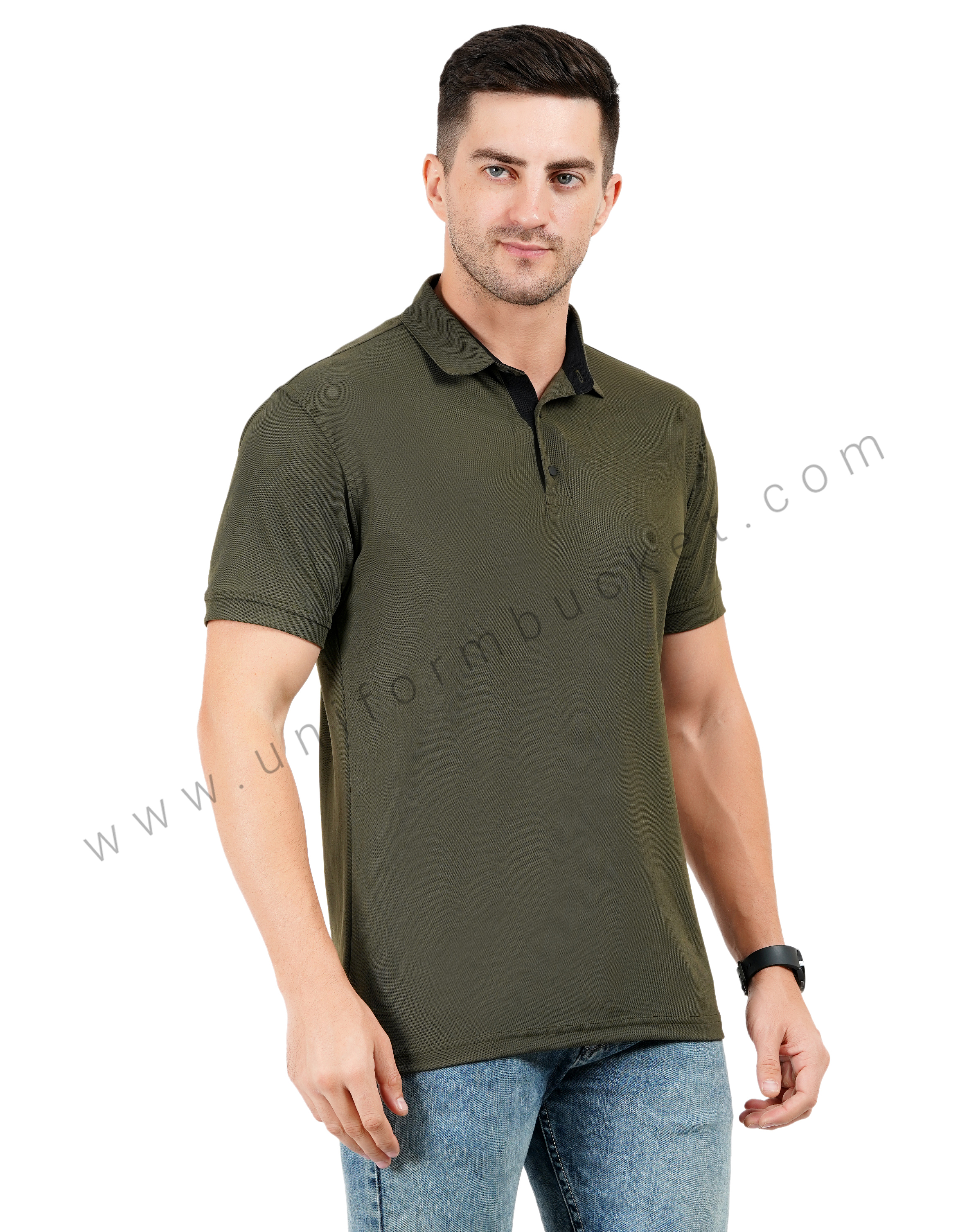 Army green polo T-shirt with black trim detailing