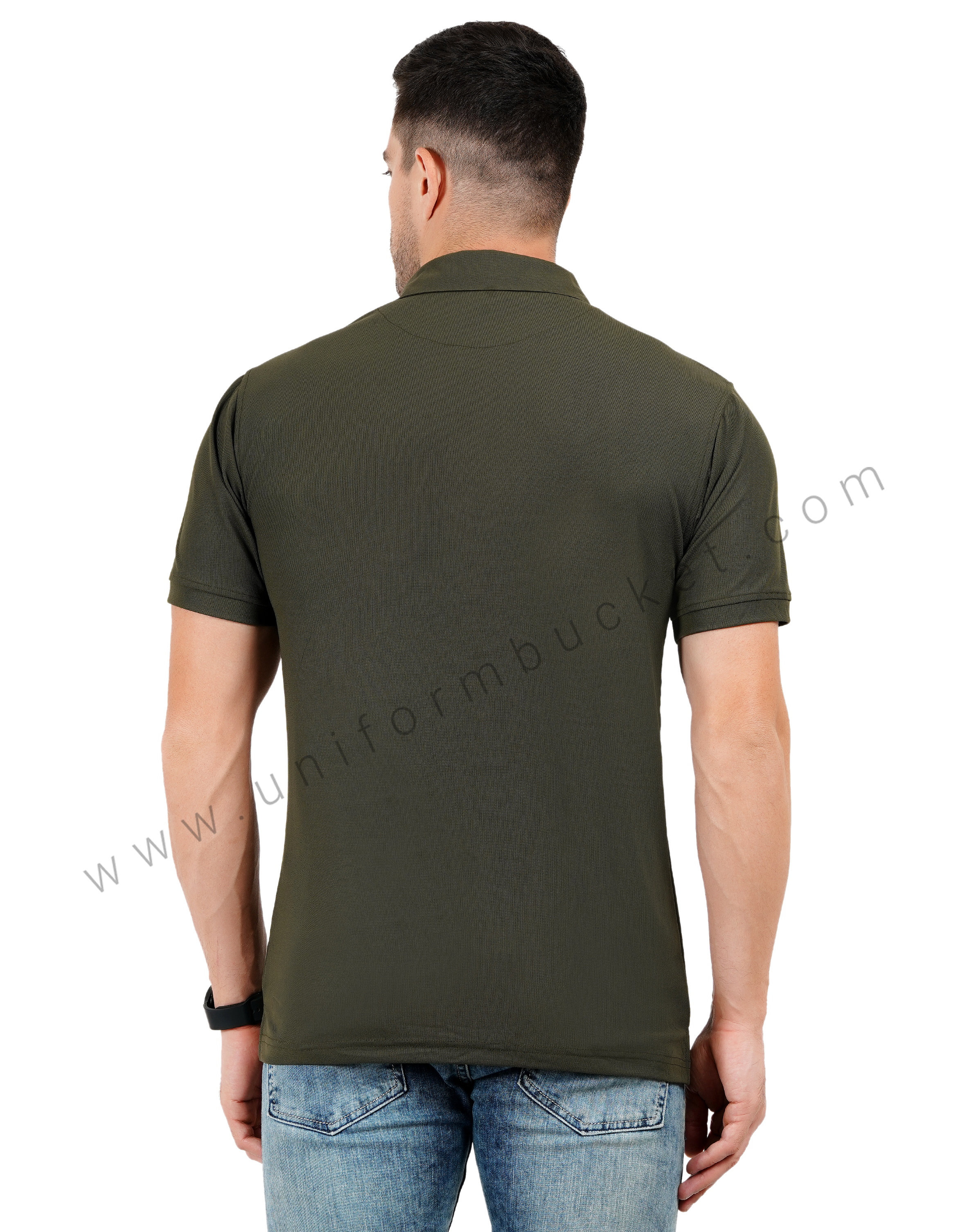 Army green polo T-shirt with black trim detailing