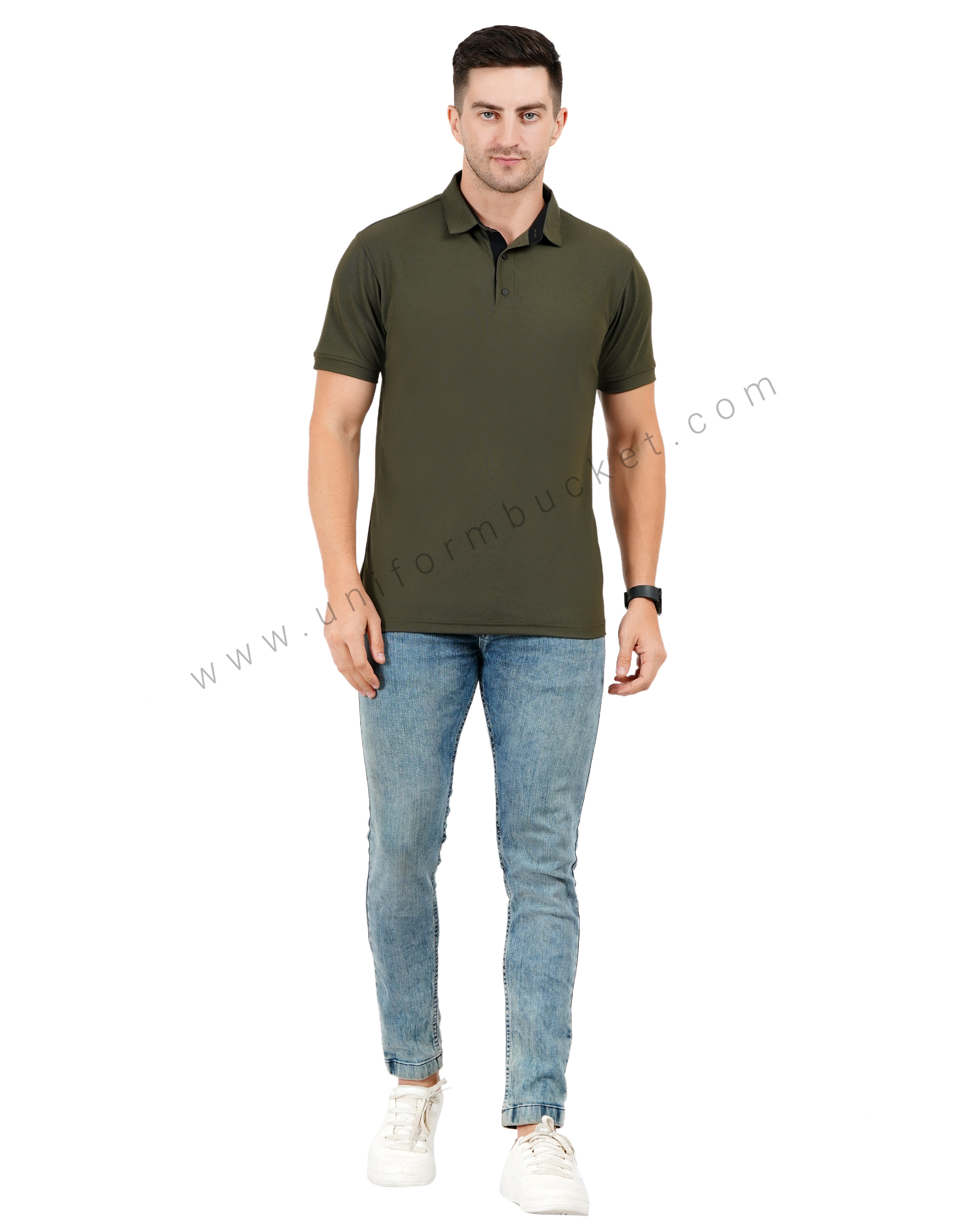 Army green polo T-shirt with black trim detailing