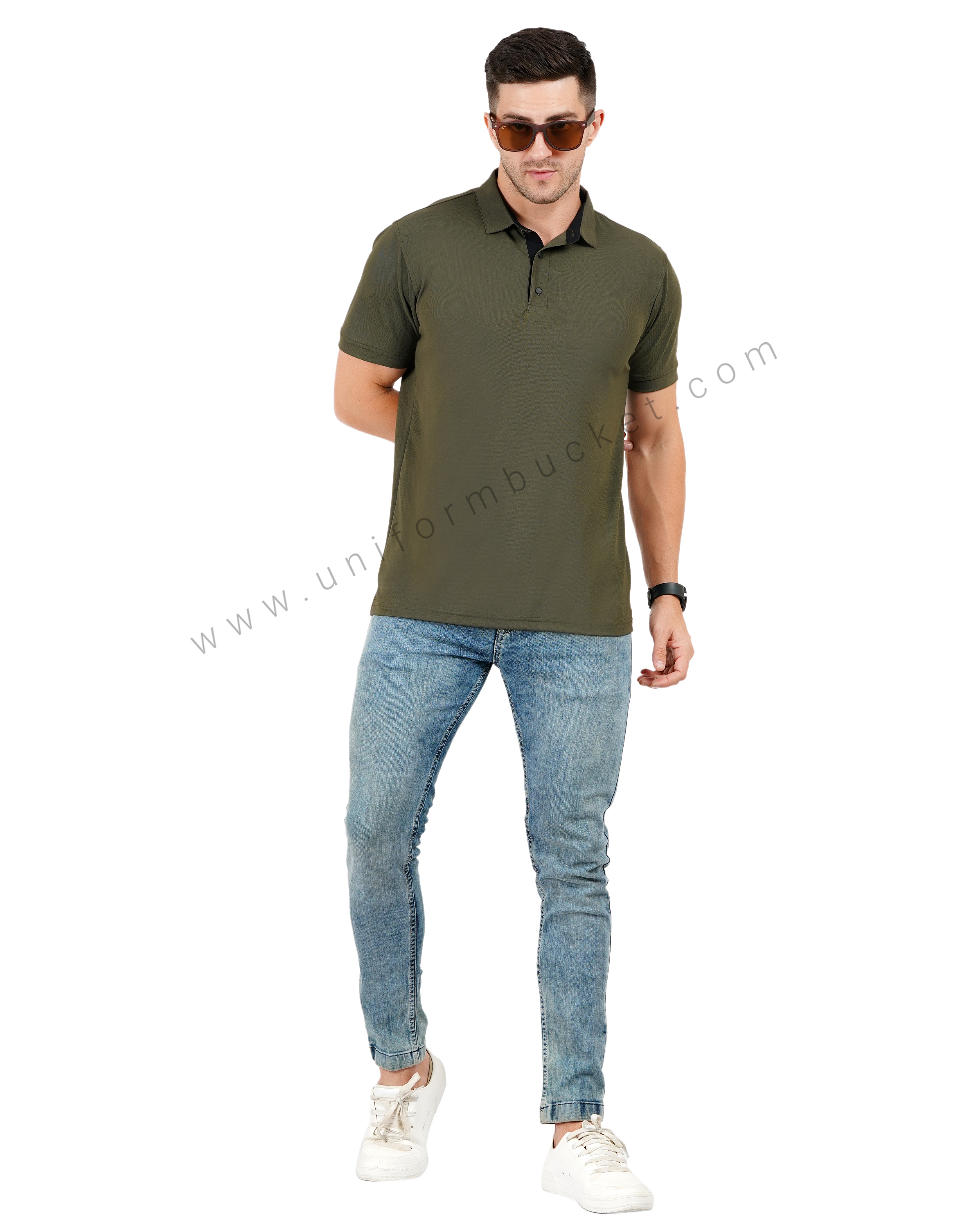 Army green polo T-shirt with black trim detailing