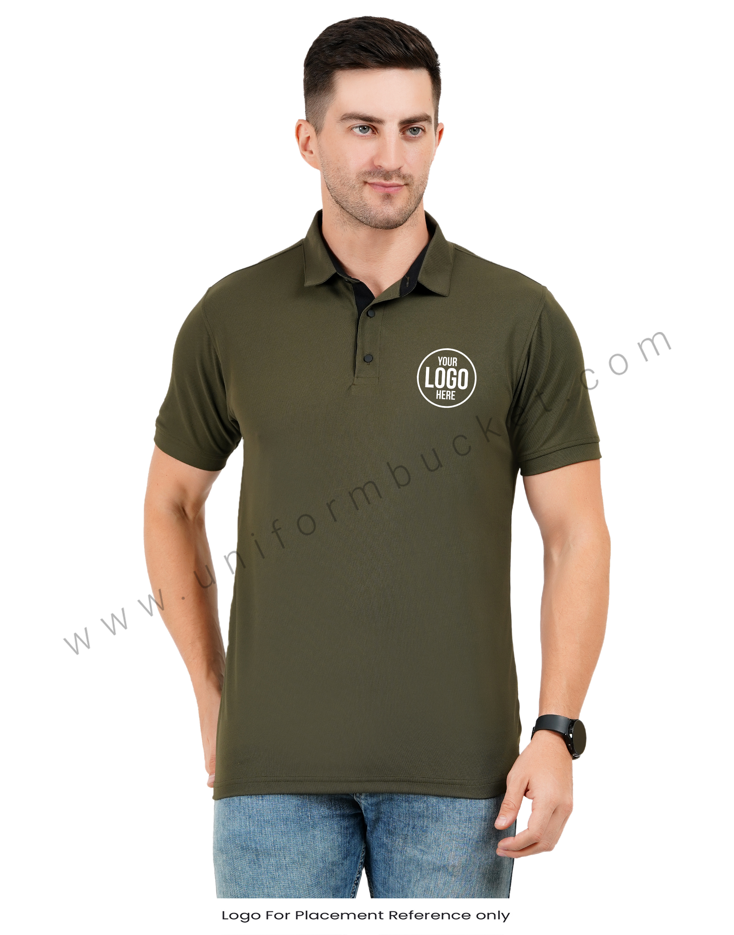 Army green polo T-shirt with black trim detailing