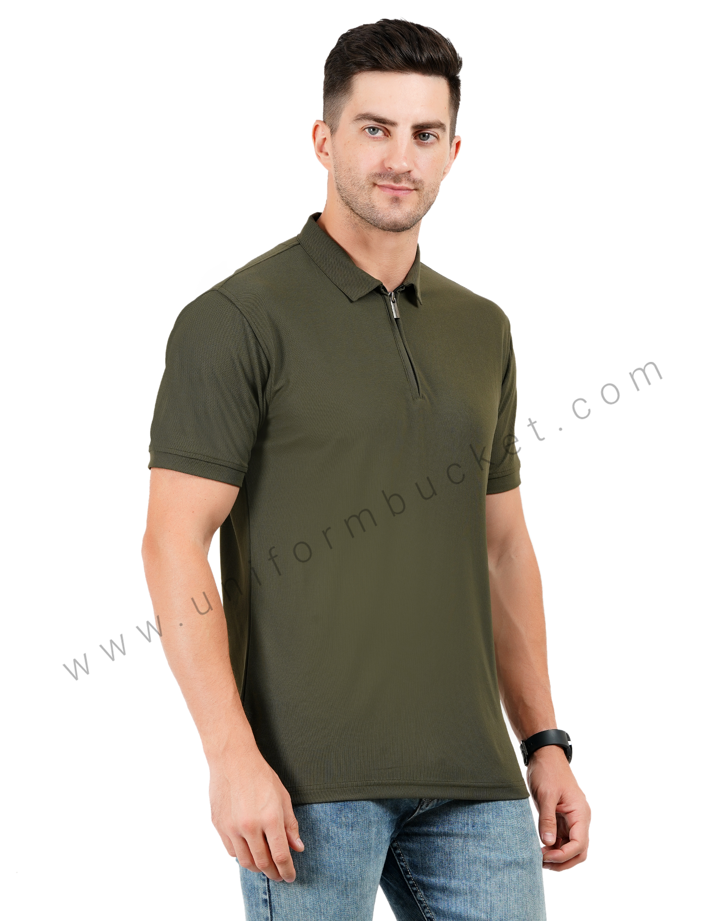 Army green zipper polo T-shirt