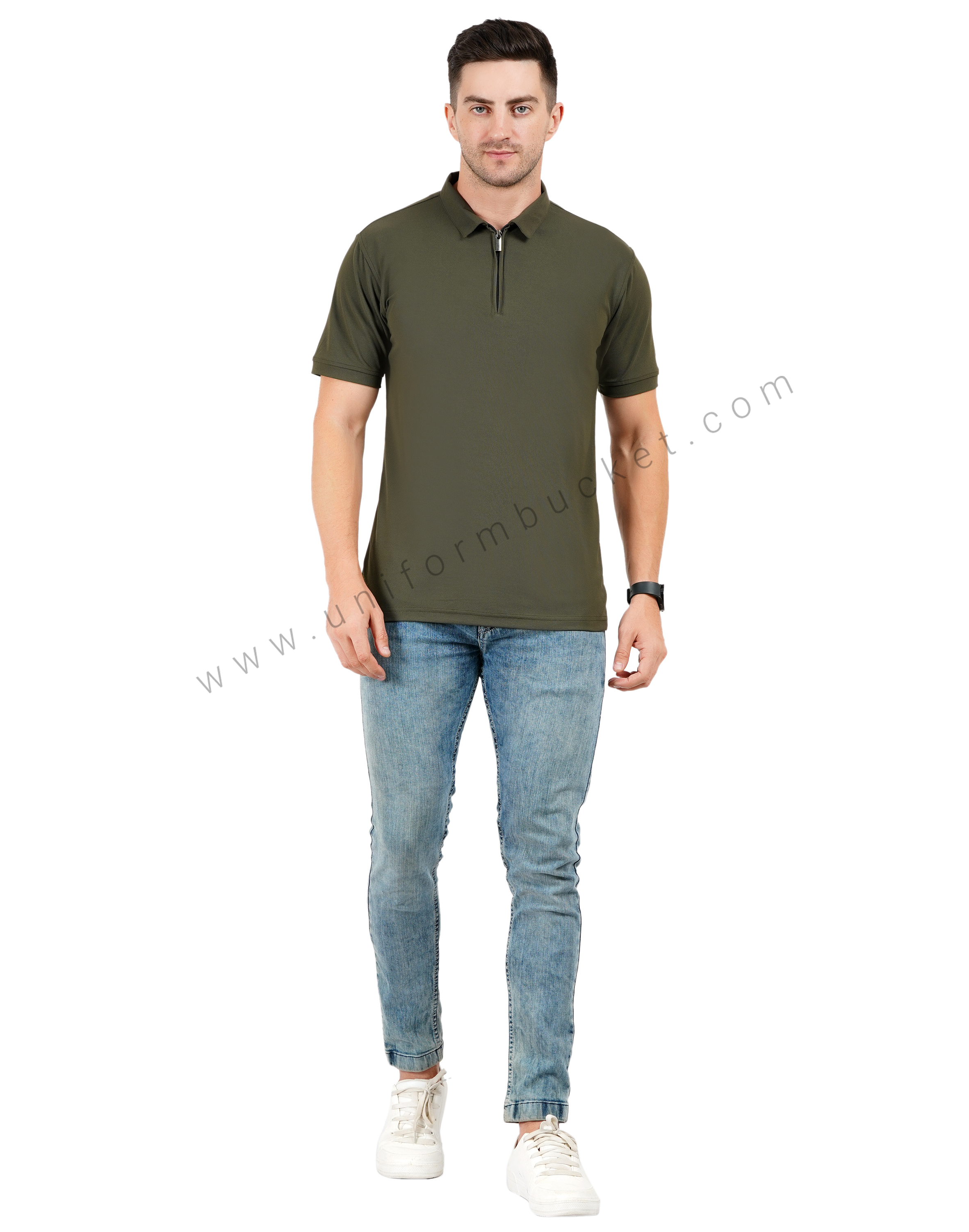 Army green zipper polo T-shirt