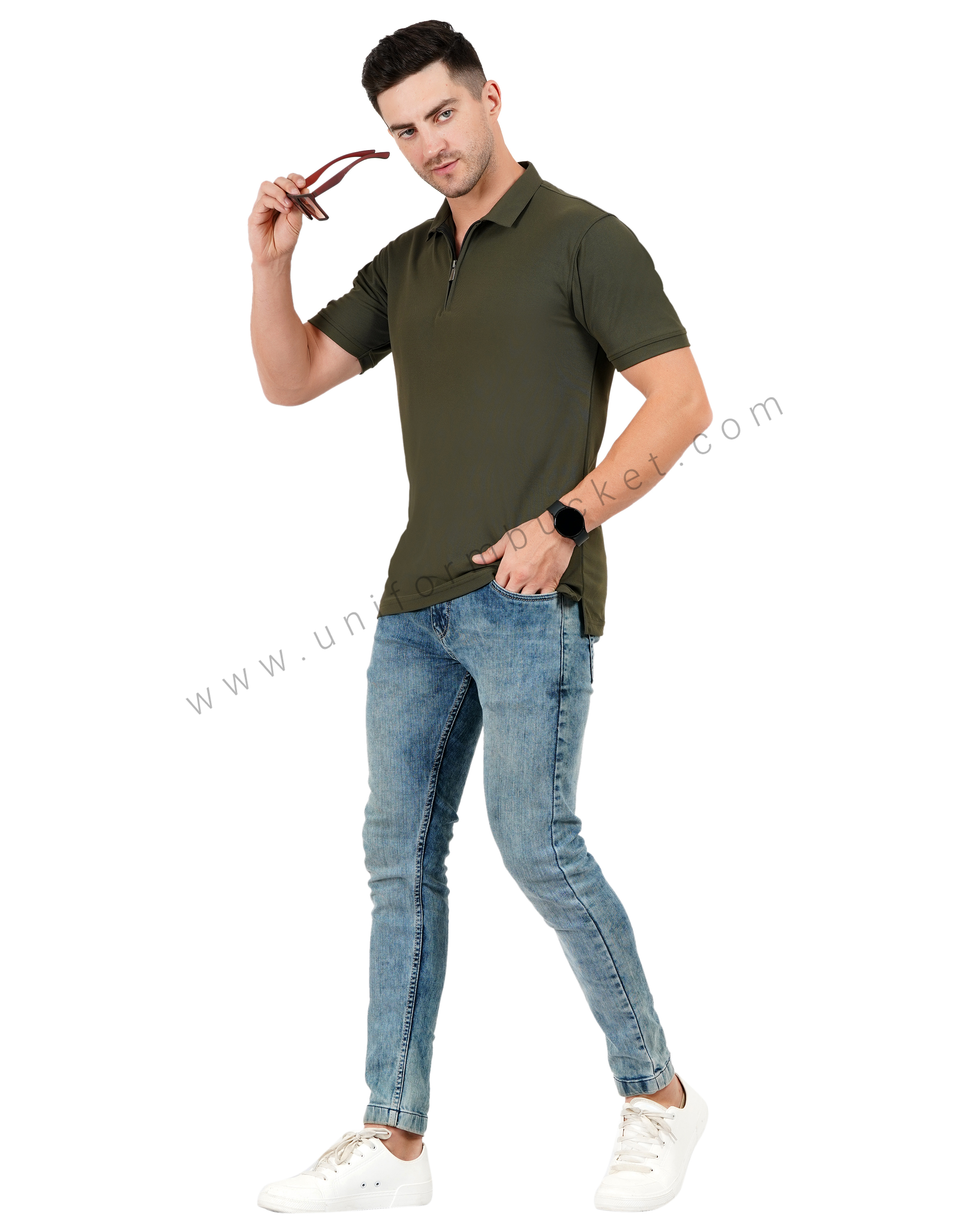 Army green zipper polo T-shirt