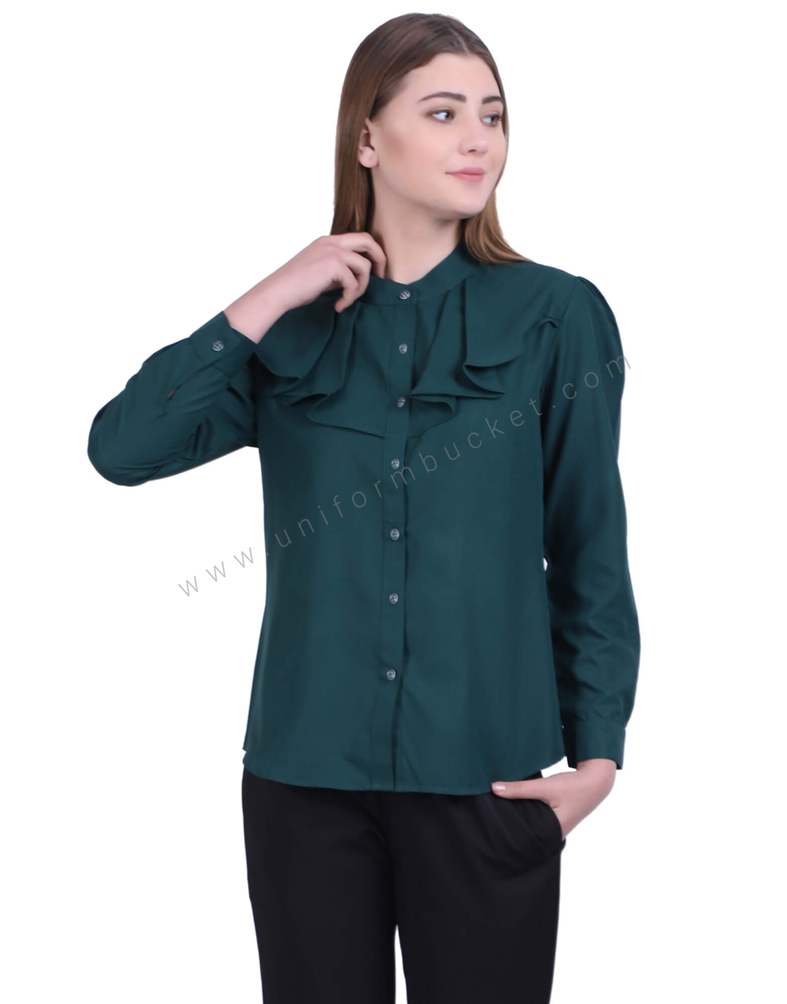 Bottle Green Formal Shirt With Ruffles