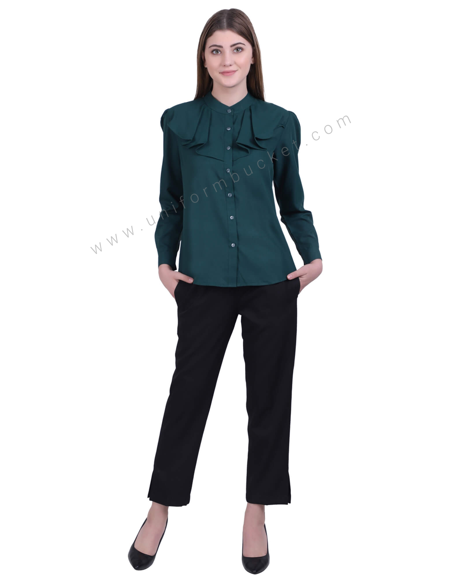 Bottle Green Formal Shirt With Ruffles