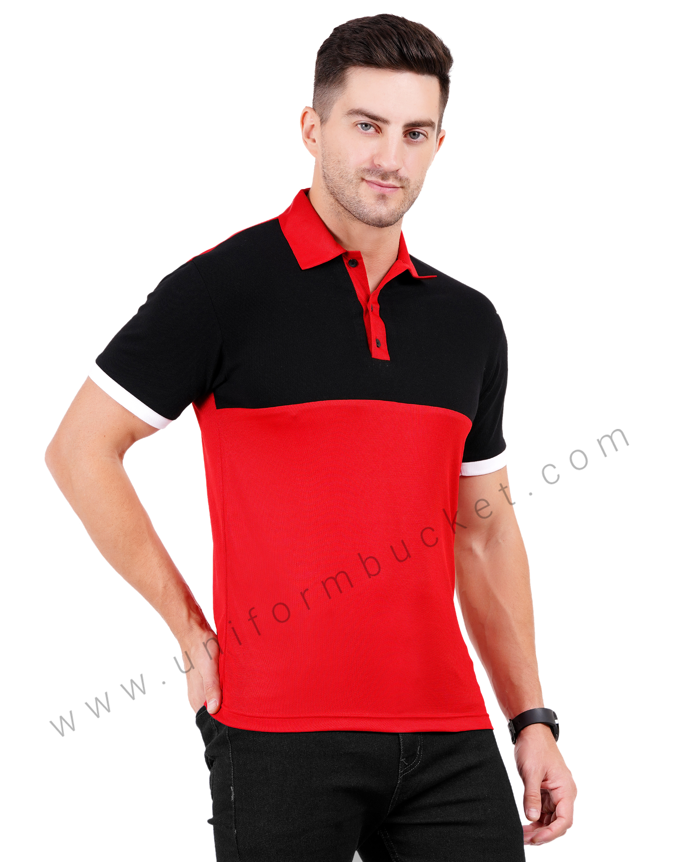 Red and black color-blocked polo T-shirt