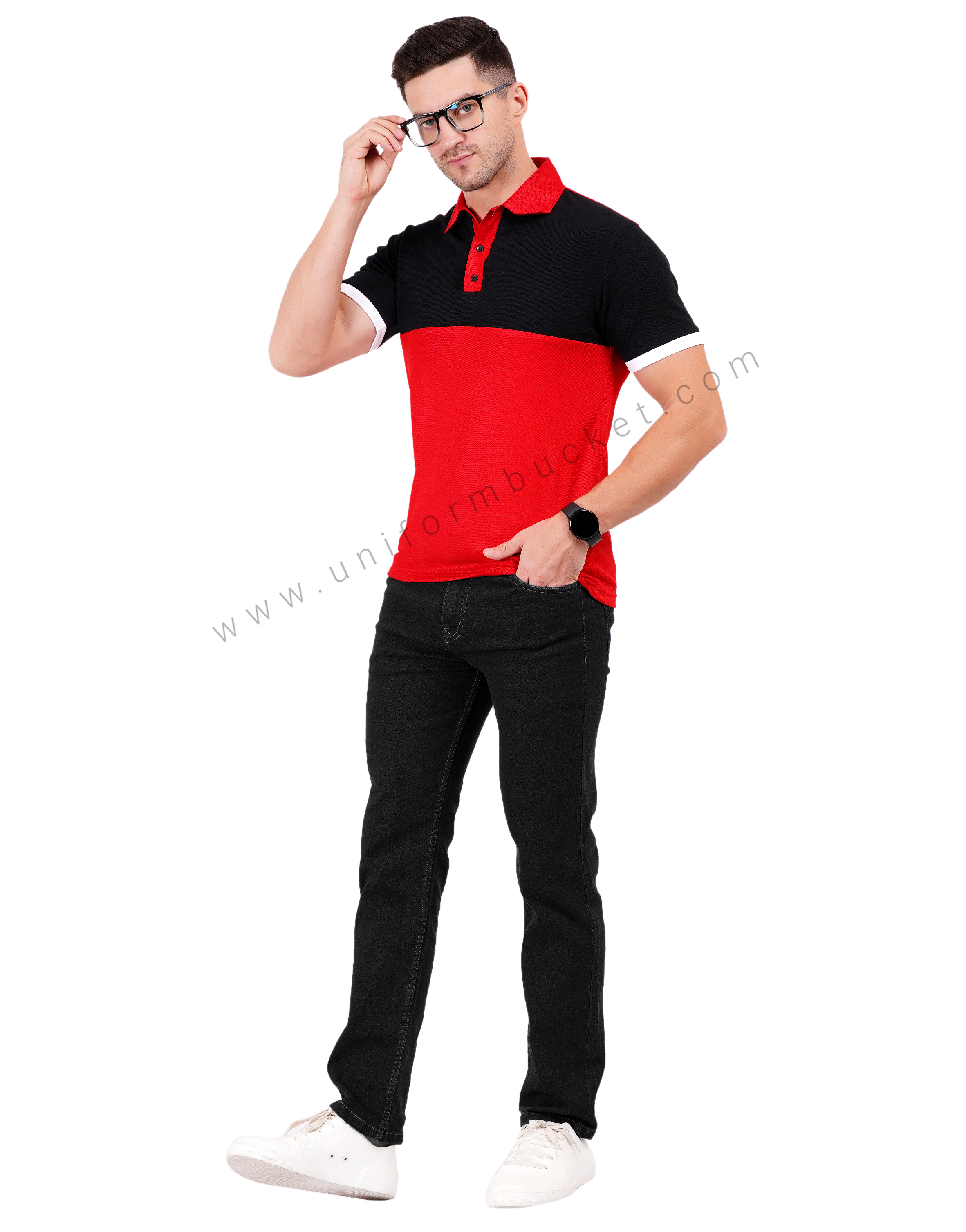 Red and black color-blocked polo T-shirt