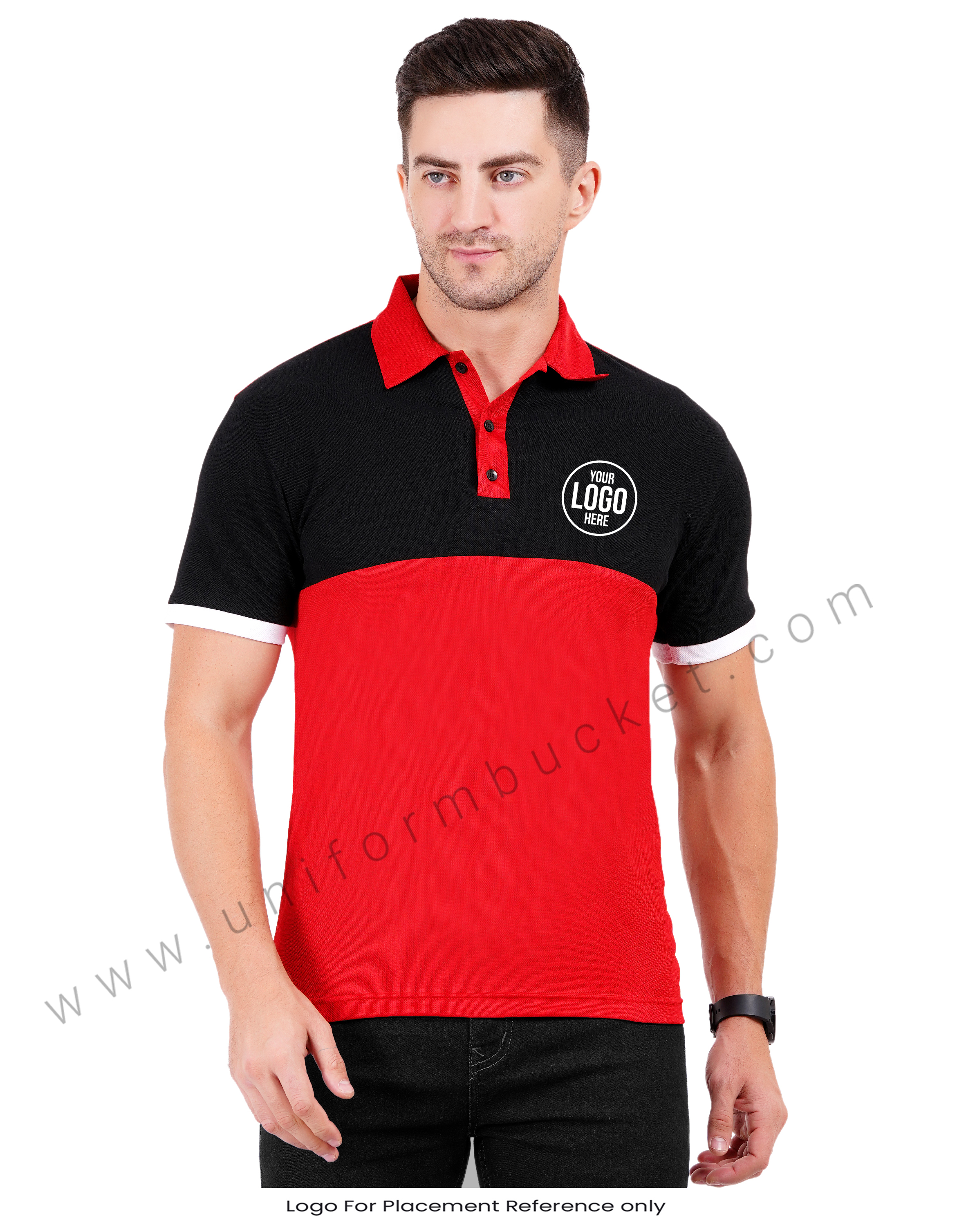 Red and black color-blocked polo T-shirt