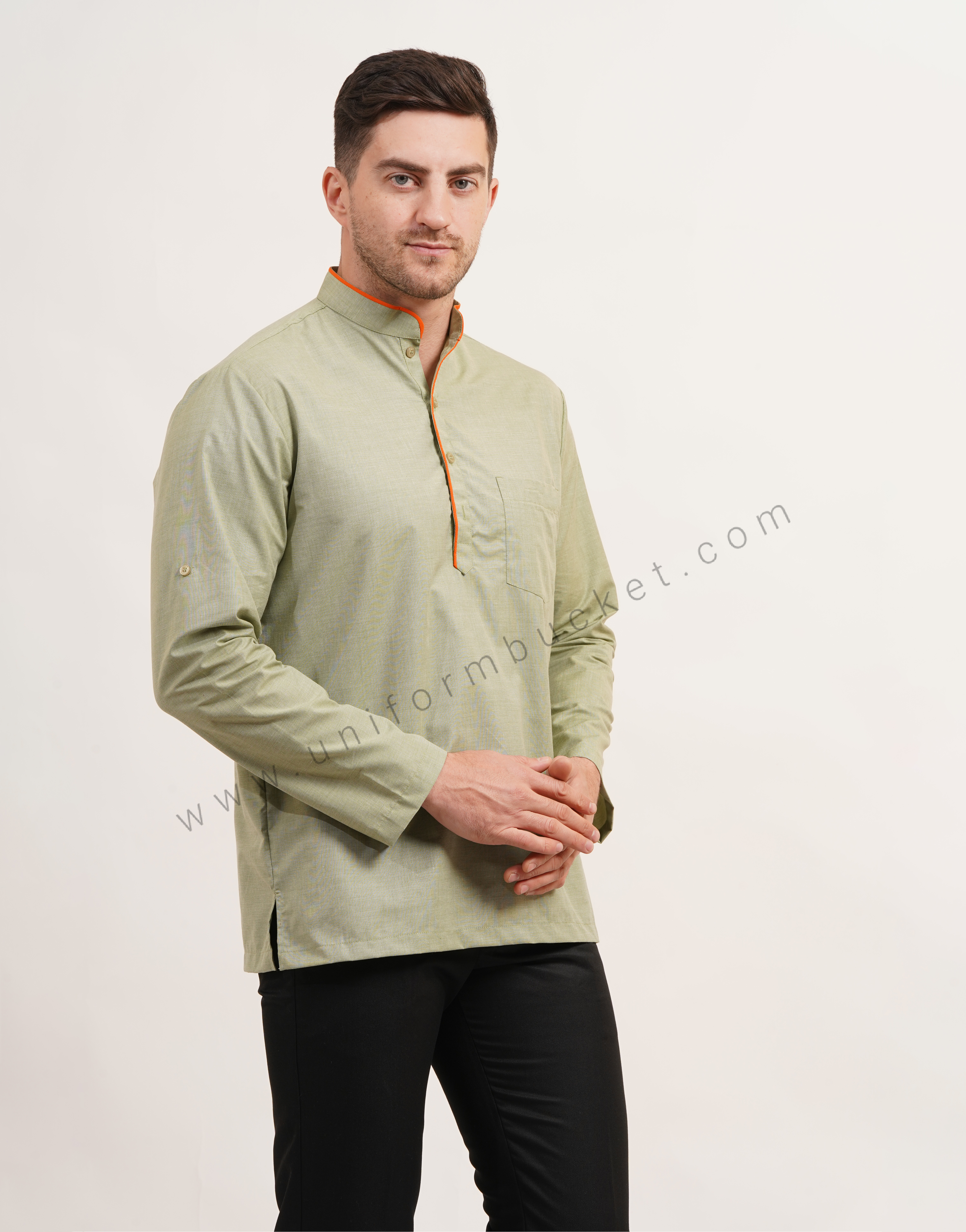 Sage green short male kurta with full sleeve