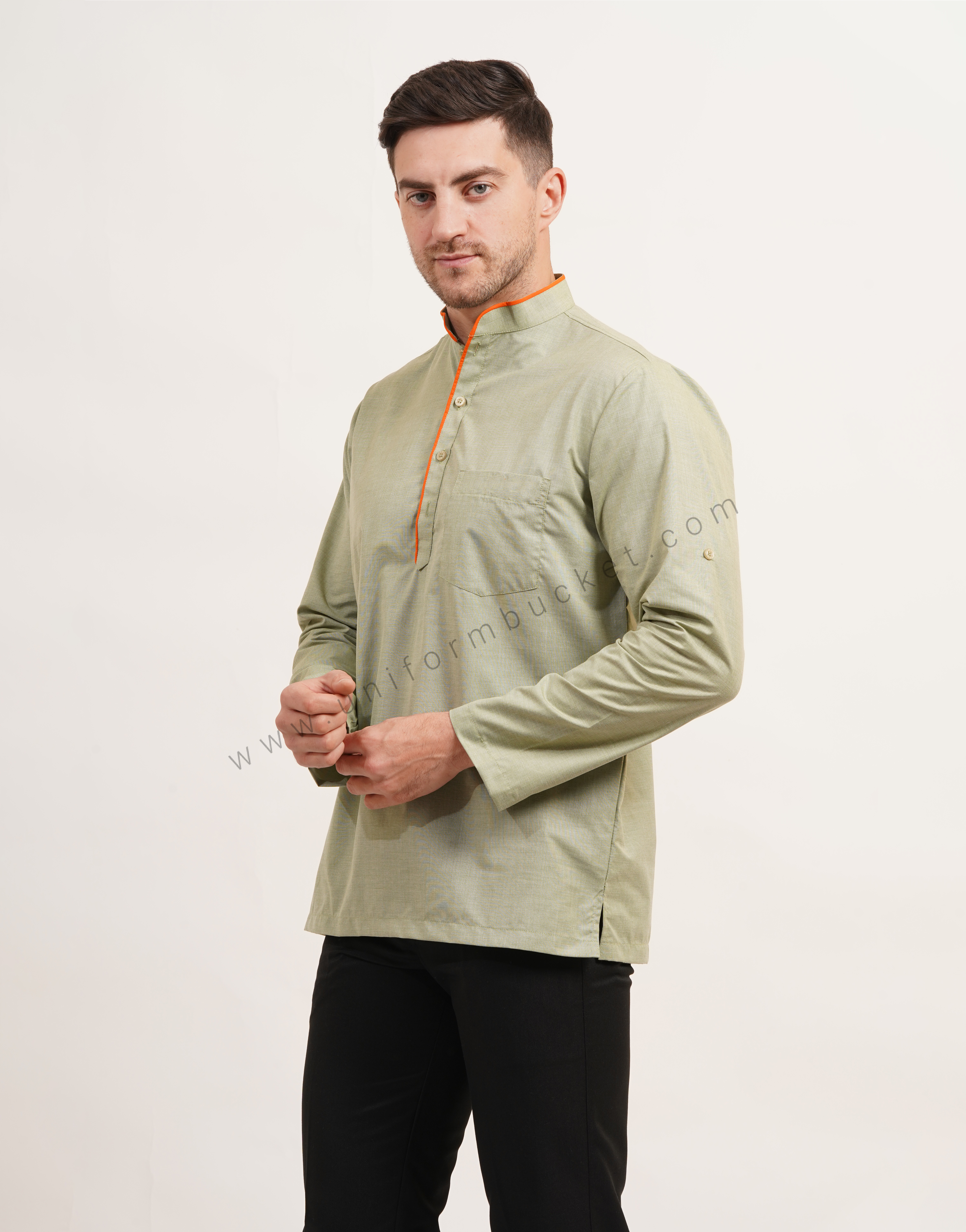 Sage green short male kurta with full sleeve