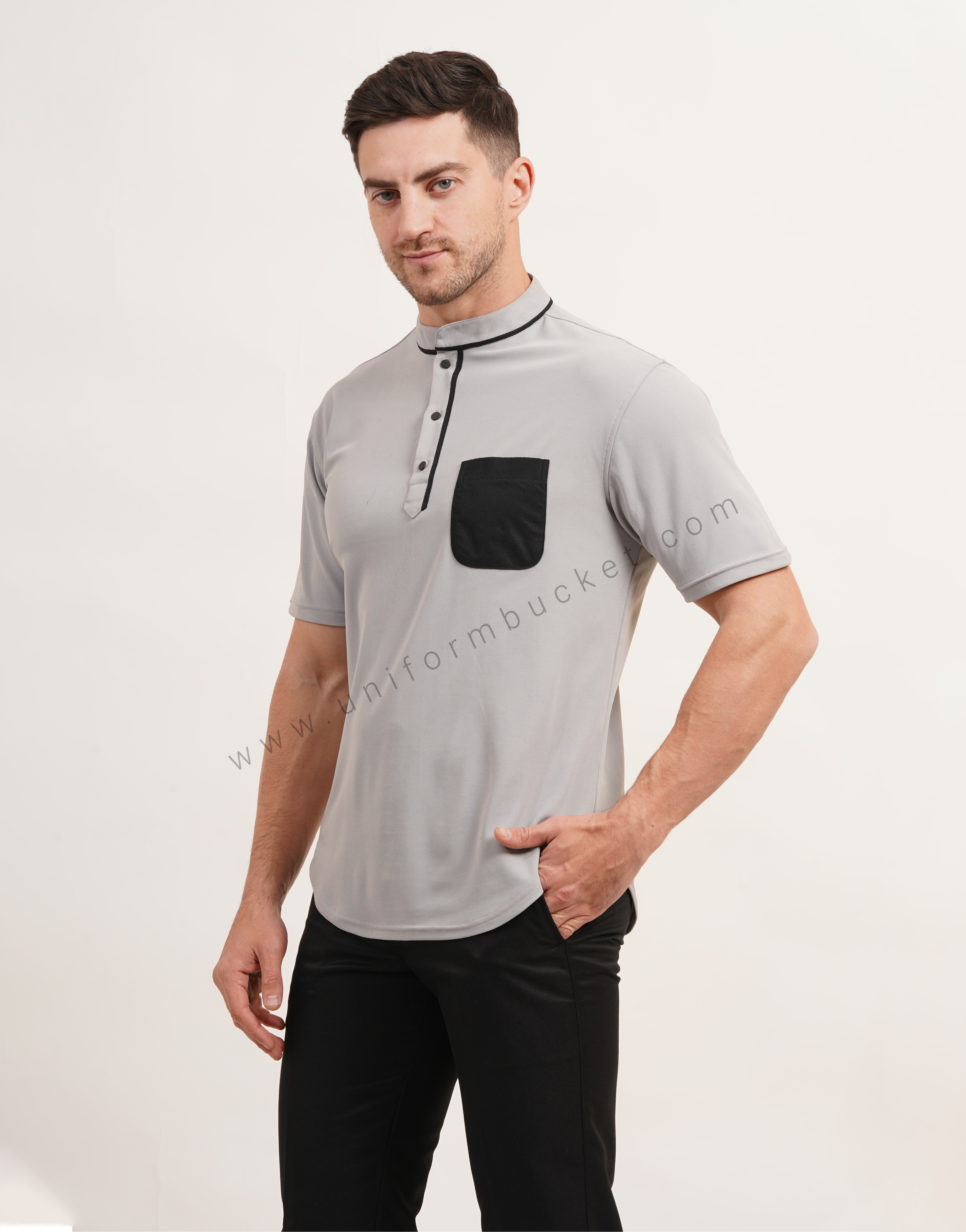 stylish ban collar  t-shirt with apple cut bottom  & patch pocket