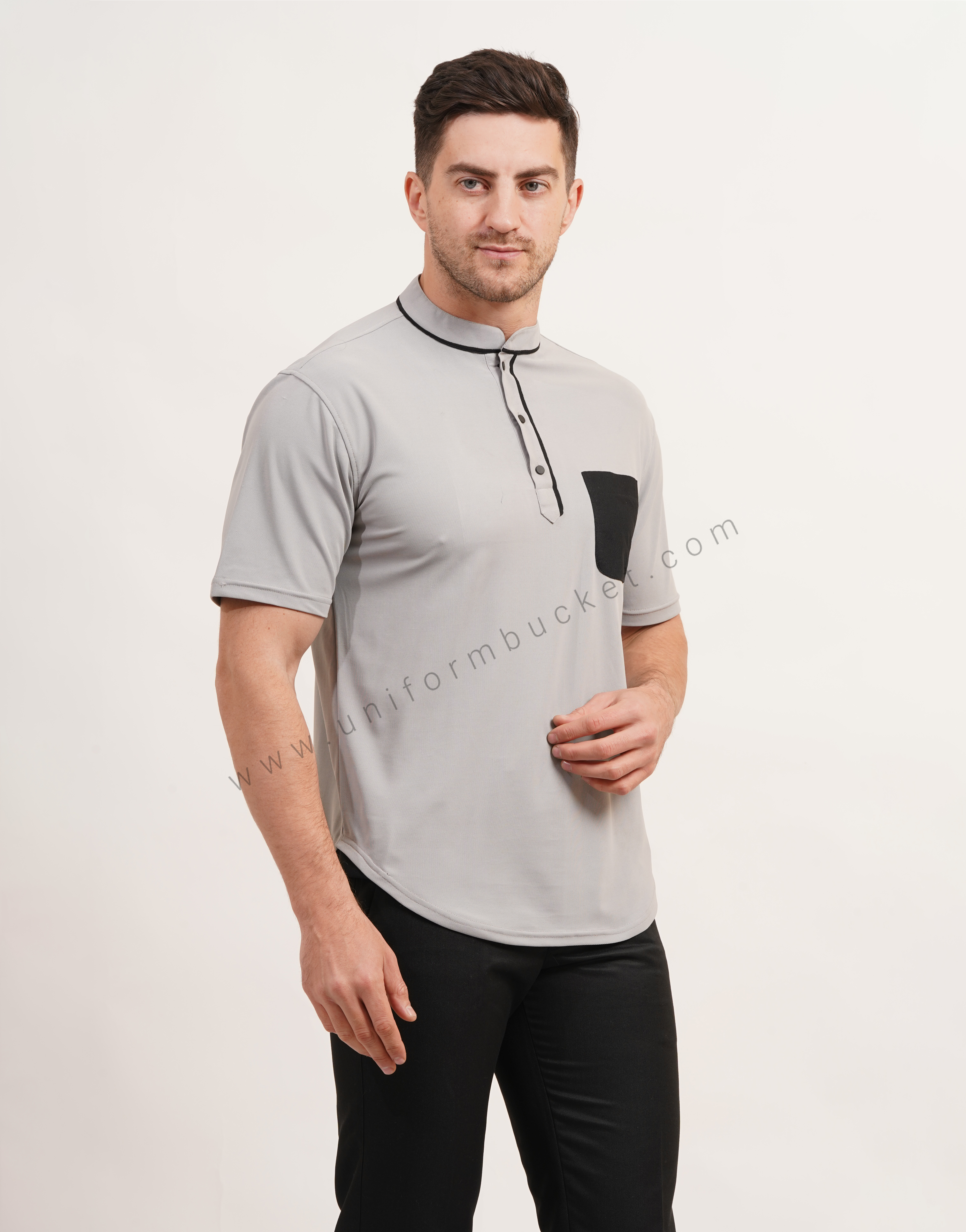 stylish ban collar  t-shirt with apple cut bottom  & patch pocket
