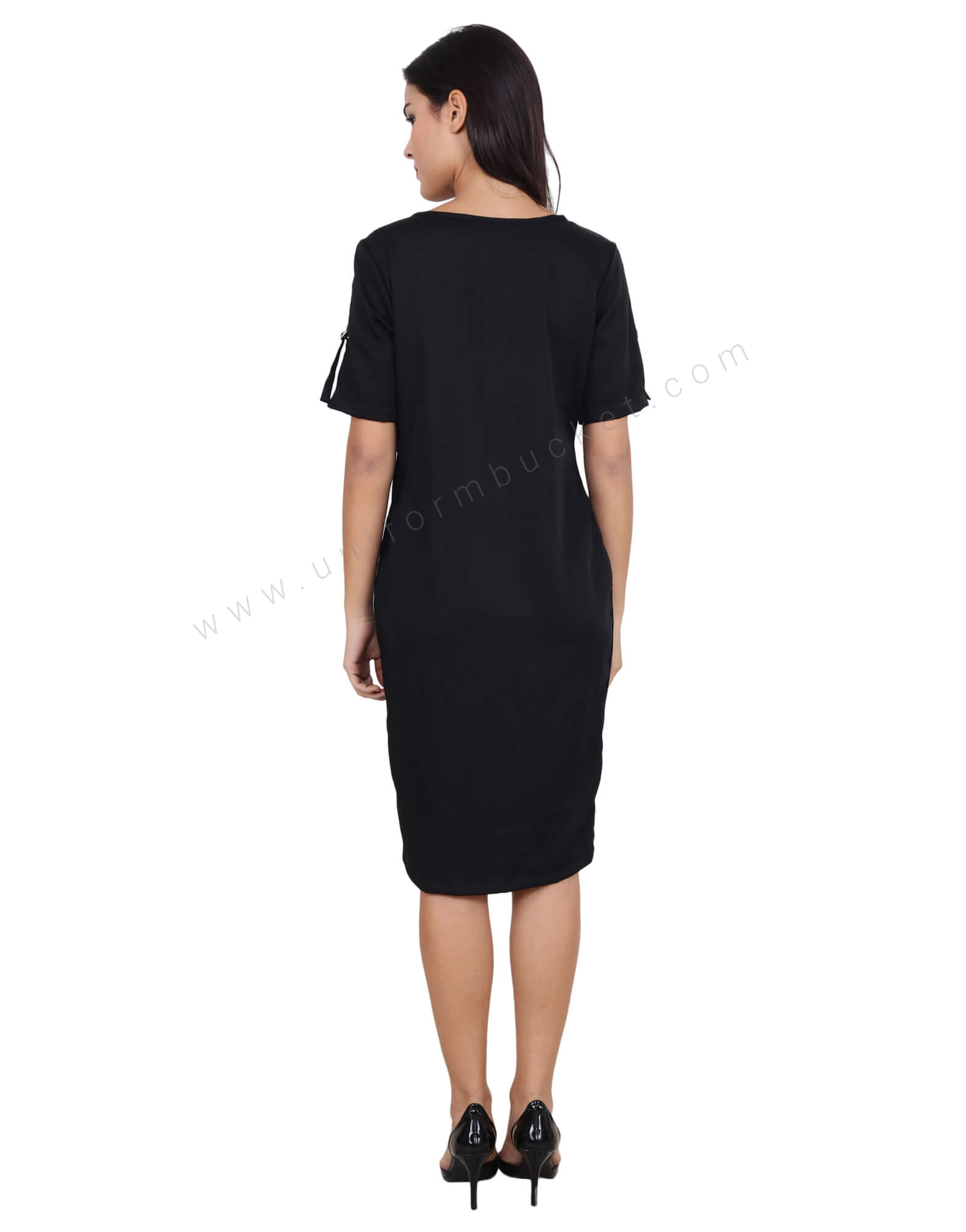 Knee Length Black Dress With Sleeve Buckles