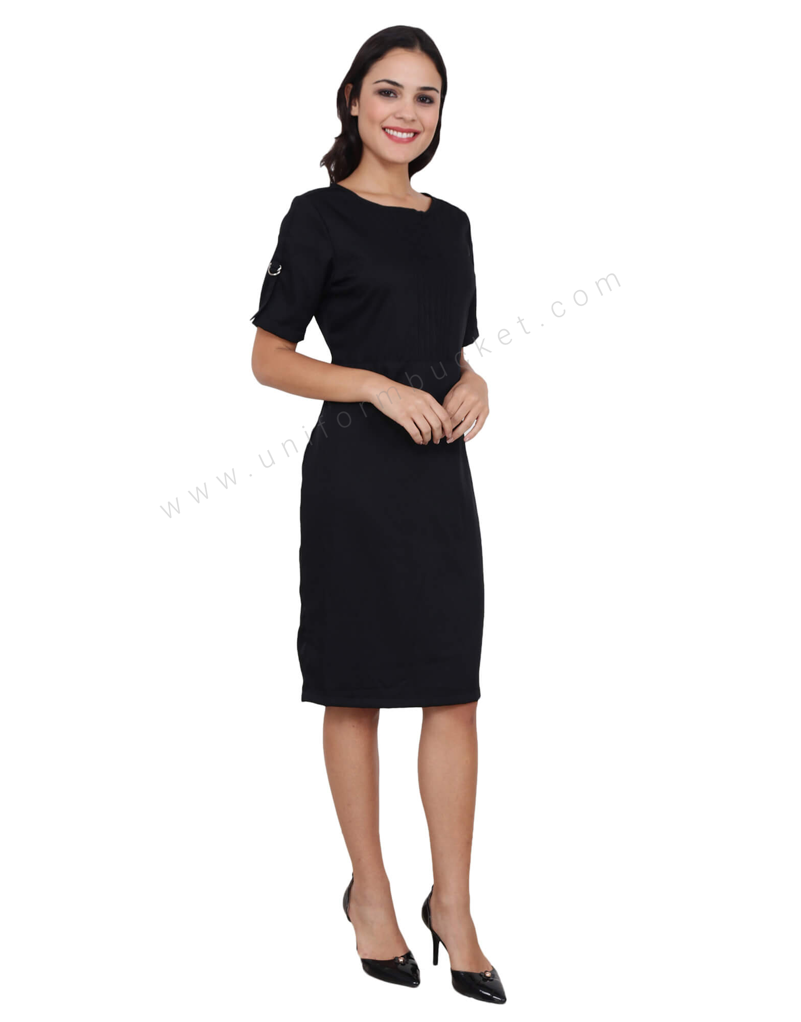 Knee Length Black Dress With Sleeve Buckles
