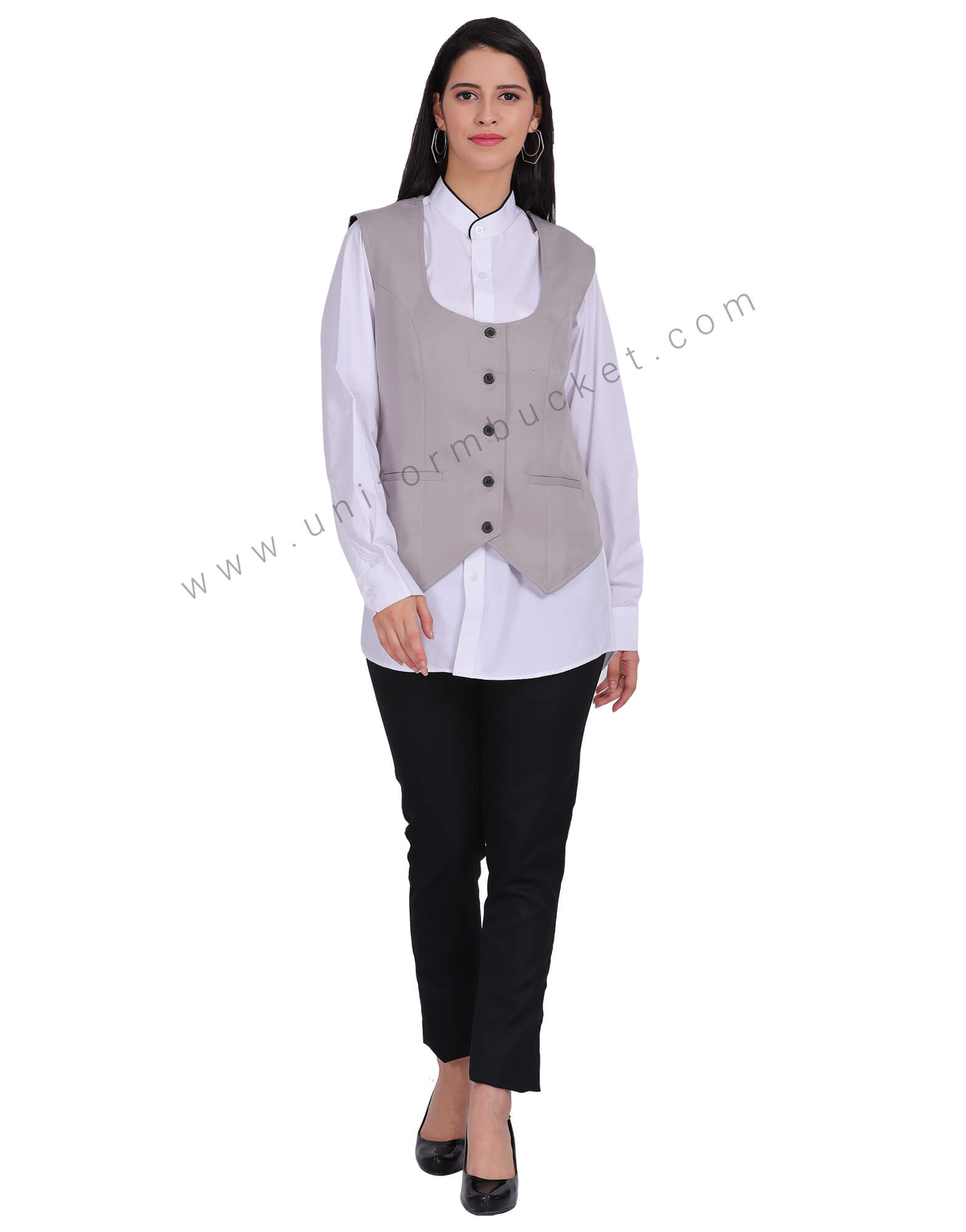Women Deep  U-Neck  Light Grey Vest Coat