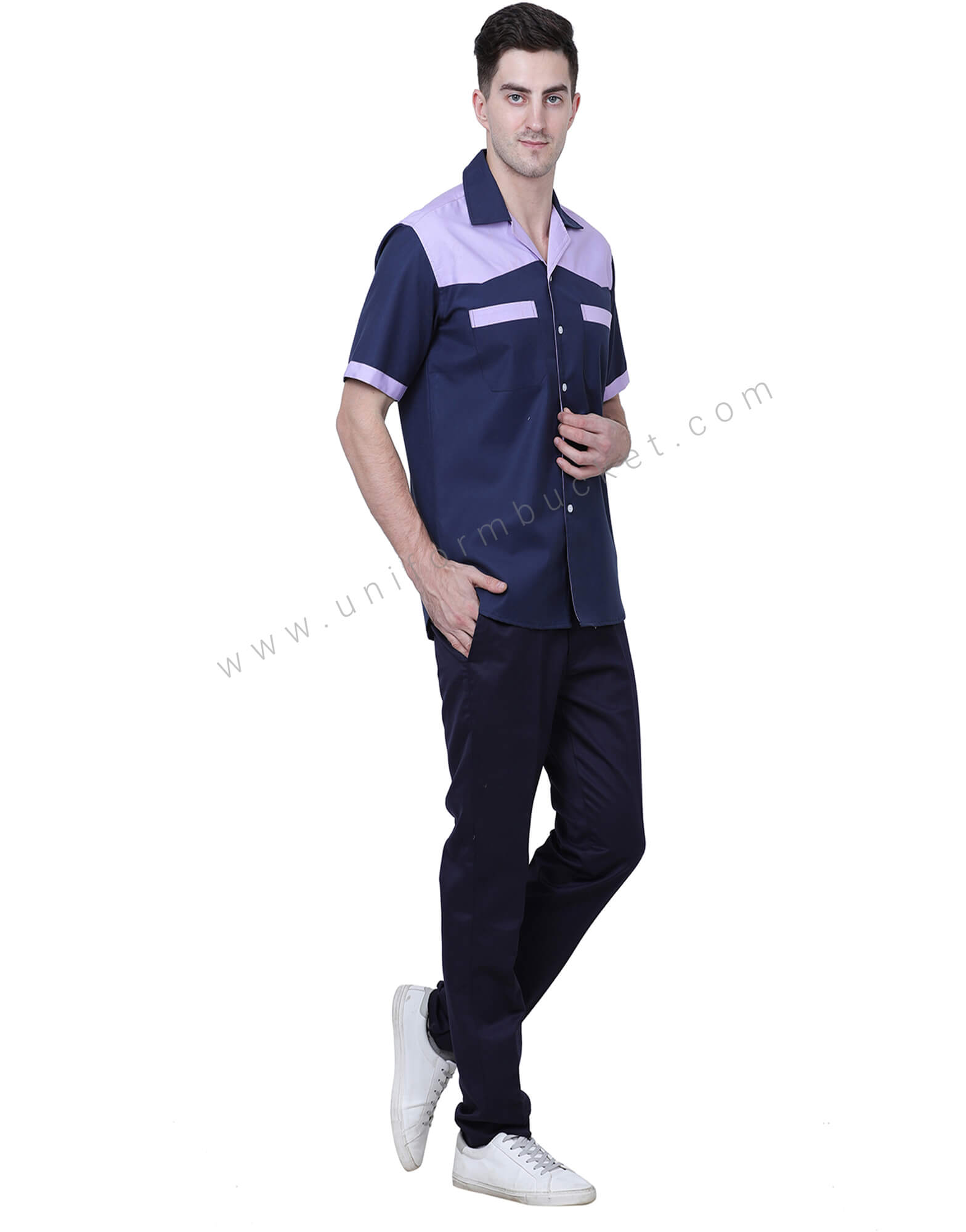 Lapel Collar Navy Blue Shirt With Orchid Purple trims