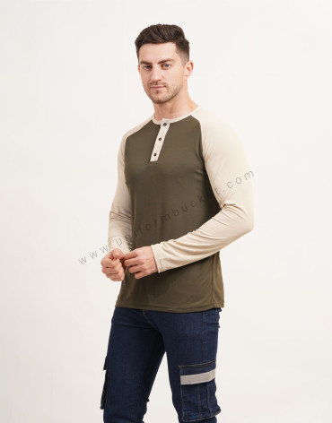 Army Green & Beige Polo T-Shirt With  Raglan Sleeve