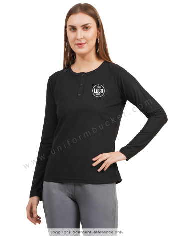 black round neck with button down placket female t-shirt