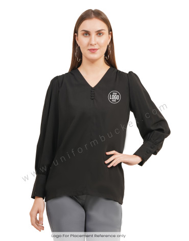 black v neck dummy button top with stylish sleeve