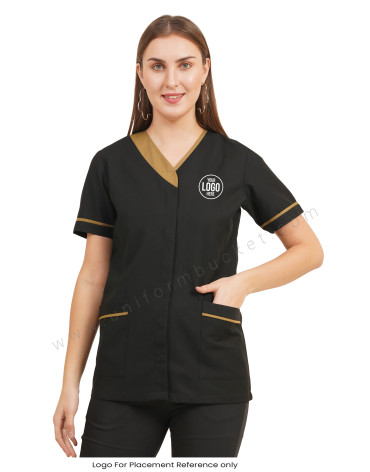 Black V-Neck Salon Tunic with Contrast Khaki Trim for female