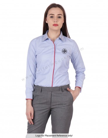Blue Fil a Fil Shirt With Red Piping