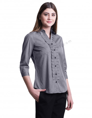 Black Button- Down Grey Shirt With Ruffles
