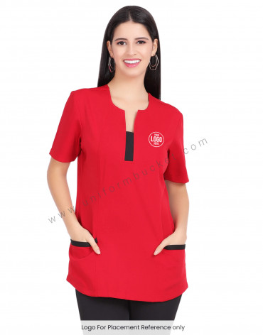 FEMALE RED TOP WITH BLACK NECK STRIPE