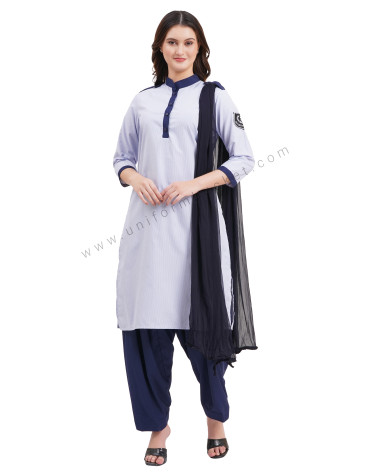 female Security Guard blue & white lining kurti with navy blue dupatta & salwar