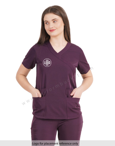 female v neck wine color top with front two joint pocket