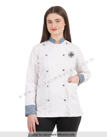 FEMALE WHITE CHEF COAT WITH COLOR FULL PRINTED CUFF & COLLAR