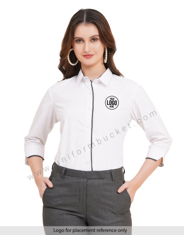 female white shirt with grey piping  & 3/4 sleeve v cut