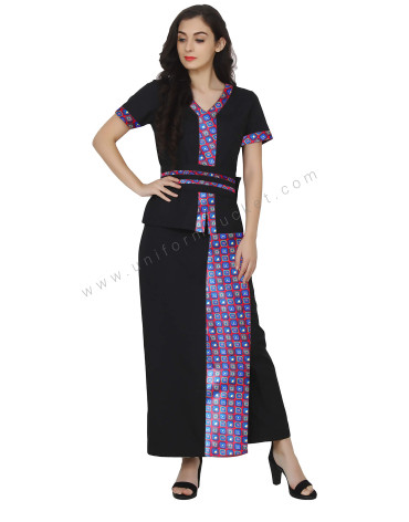 Front Slit Broad Belted Black Spa Top with printed trim