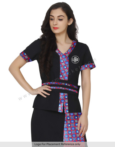 Front Slit Broad Belted Black Spa Top with printed trim