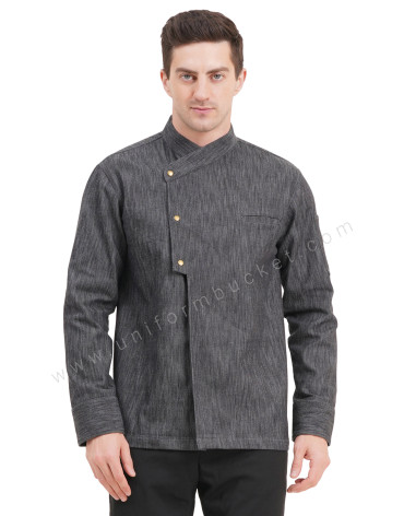 Male black denim stylish  chef coat with chest cut pocket