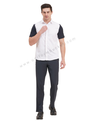 male white shirt with navy blue half sleeve & left side waist mini pocket