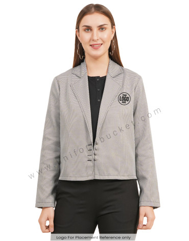 NOTCHED LAPEL STYLISH SHORT  SHEPHERD CHECK BLAZER