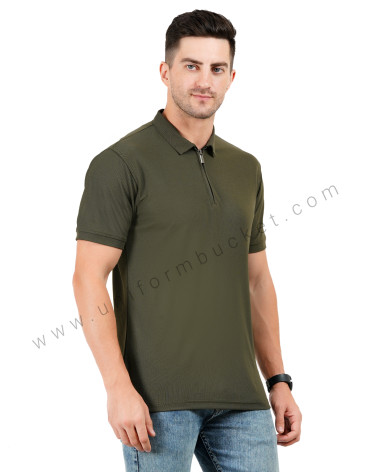 Army green zipper polo T-shirt