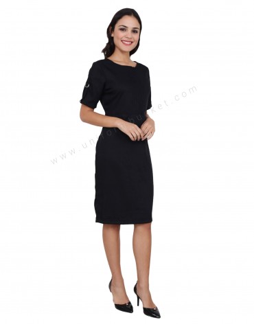 Knee Length Black Dress With Sleeve Buckles